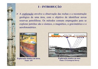 A exploração envolve a observação das rochas e a reconstrução
geológica de uma área, com o objetivo de identificar novas
reservas petrolíferas. Os métodos comuns empregados para se
explorar petróleo são o sísmico, o magnético, o gravimétrico e o
aerofotométrico.
Exploração sísmica em terra.
Fonte: API
Exploração sísmica em mar.
Fonte: US Geological Survey
I – INTRODUÇÃO
 