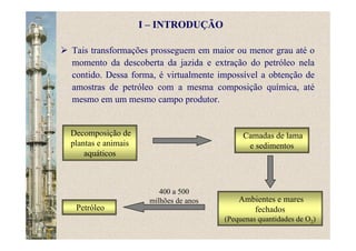 Tais transformações prosseguem em maior ou menor grau até o
momento da descoberta da jazida e extração do petróleo nela
contido. Dessa forma, é virtualmente impossível a obtenção de
amostras de petróleo com a mesma composição química, até
mesmo em um mesmo campo produtor.
400 a 500
milhões de anos
Decomposição de
plantas e animais
aquáticos
Camadas de lama
e sedimentos
Petróleo
Ambientes e mares
fechados
(Pequenas quantidades de O2)
I – INTRODUÇÃO
 