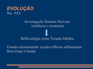 EVOLUÇÃO
Séc. XIX
Investigação Sistema Nervoso
(médicos e cientistas)
Reflexologia como Terapia Médica
Estudos demonstram: acções reflexas influenciam
Bem-Estar e Saúde.
 