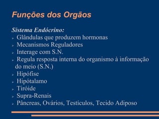 Funções dos Orgãos
Sistema Endócrino:
 Glândulas que produzem hormonas
 Mecanismos Reguladores
 Interage com S.N.
 Regula resposta interna do organismo à informação
do meio (S.N.)
 Hipófise
 Hipótalamo
 Tiróide
 Supra-Renais
 Pâncreas, Ovários, Testículos, Tecido Adiposo
 