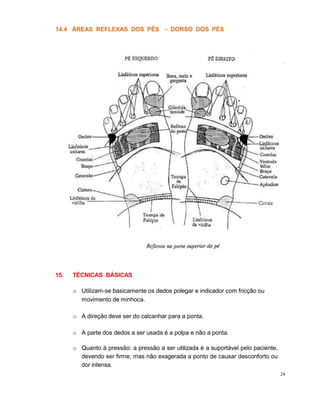 14.4
24
ÁREAS REFLEXAS DOS PÉS - DORSO DOS PÉS
15. TÉCNICAS BÁSICAS
o Utilizam-se basicamente os dedos polegar e indicador com fricção ou
movimento de minhoca.
o A direção deve ser do calcanhar para a ponta.
o A parte dos dedos a ser usada é a polpa e não a ponta.
o Quanto à pressão: a pressão a ser utilizada é a suportável pelo paciente,
devendo ser firme, mas não exagerada a ponto de causar desconforto ou
dor intensa.
 