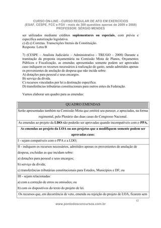 CURSO ON-LINE - CURSO REGULAR DE AFO EM EXERCÍCIOS
     (ESAF, CESPE, FCC e FGV - mais de 300 questões apenas de 2009 e 2008)
                       PROFESSOR: SÉRGIO MENDES

   ser utilizados mediante créditos suplementares ou especiais, com prévia e
   específica autorização legislativa.
   c) d) e) Corretas. Transcrições literais da Constituição.
   Resposta: Letra B

   7) (CESPE – Analista Judiciário – Administrativo - TRE/GO – 2008) Durante a
   tramitação da proposta orçamentária na Comissão Mista de Planos, Orçamentos
   Públicos e Fiscalização, as emendas apresentadas somente podem ser aprovadas
   caso indiquem os recursos necessários à realização do gasto, sendo admitidos apenas
   os provenientes de anulação de despesa que não incida sobre:
   A) dotações para pessoal e seus encargos.
   B) serviço da dívida.
   C) recursos vinculados por lei a destinação específica.
   D) transferências tributárias constitucionais para outros entes da Federação.

   Vamos elaborar um quadro para as emendas:

                                    QUADRO EMENDAS
Serão apresentadas também na Comissão Mista que emitirá seu parecer, e apreciadas, na forma
               regimental, pelo Plenário das duas casas do Congresso Nacional.
As emendas ao projeto da LDO não poderão ser aprovadas quando incompatíveis com o PPA.
  As emendas ao projeto da LOA ou aos projetos que a modifiquem somente podem ser
                                        aprovadas caso:
I - sejam compatíveis com o PPA e a LDO;
II - indiquem os recursos necessários, admitidos apenas os provenientes de anulação de
despesa, excluídas as que incidam sobre:
a) dotações para pessoal e seus encargos;
b) serviço da dívida;
c) transferências tributárias constitucionais para Estados, Municípios e DF; ou
III - sejam relacionadas:
a) com a correção de erros ou omissões; ou
b) com os dispositivos do texto do projeto de lei.
Os recursos que, em decorrência de veto, emenda ou rejeição do projeto de LOA, ficarem sem
                                                                                     12
                            www.pontodosconcursos.com.br
 