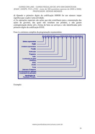 CURSO ON-LINE - CURSO REGULAR DE AFO EM EXERCÍCIOS
(ESAF, CESPE, FCC e FGV - mais de 300 questões apenas de 2009 e 2008)
                  PROFESSOR: SÉRGIO MENDES

d) Quando o primeiro dígito da codificação DDDD for um número ímpar
significa que a ação é uma atividade.
e) As operações especiais são ações que não contribuem para a manutenção das
ações de governo, das quais não resultam um produto, e não geram
contraprestação direta sob a forma de bens ou serviços e são identificadas pelo
primeiro dígito da codificação EEEE.

Essa é a estrutura completa da programação orçamentária:




Exemplo:




                     www.pontodosconcursos.com.br
                                                                             28
 