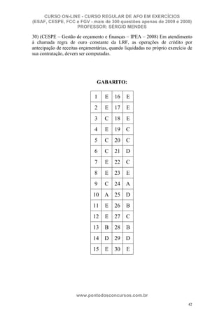 CURSO ON-LINE - CURSO REGULAR DE AFO EM EXERCÍCIOS
(ESAF, CESPE, FCC e FGV - mais de 300 questões apenas de 2009 e 2008)
                  PROFESSOR: SÉRGIO MENDES

30) (CESPE – Gestão de orçamento e finanças – IPEA – 2008) Em atendimento
à chamada regra de ouro constante da LRF, as operações de crédito por
antecipação de receitas orçamentárias, quando liquidadas no próprio exercício de
sua contratação, devem ser computadas.




                                GABARITO:

                               1    E    16    E
                               2    E    17    E
                               3    C    18    E
                               4    E    19    C
                               5    C    20    C
                               6    C    21   D
                               7    E    22    C
                               8    E    23    E
                               9    C    24   A
                              10    A    25   D
                              11    E    26    B
                              12    E    27    C
                              13    B    28    B
                              14    D    29   D
                              15    E    30    E




                      www.pontodosconcursos.com.br
                                                                              42
 