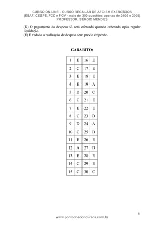 CURSO ON-LINE - CURSO REGULAR DE AFO EM EXERCÍCIOS
(ESAF, CESPE, FCC e FGV - mais de 300 questões apenas de 2009 e 2008)
                  PROFESSOR: SÉRGIO MENDES

(D) O pagamento da despesa só será efetuado quando ordenado após regular
liquidação.
(E) É vedada a realização de despesa sem prévio empenho.



                             GABARITO:

                            1   E    16   E
                            2   C    17   E
                            3   E    18   E
                            4   E    19   A
                            5   D    20   C
                            6   C    21   E
                            7   E    22   E
                            8   C    23   D
                            9   D    24   A
                           10   C    25   D
                           11   E    26   E
                           12   A    27   D
                           13   E    28   E
                           14   C    29   E
                           15   C    30   C




                                                                      31
                   www.pontodosconcursos.com.br
 