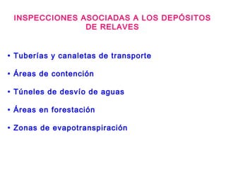 INSPECCIONES ASOCIADAS A LOS DEPÓSITOS
DE RELAVES
• Tuberías y canaletas de transporte
• Áreas de contención
• Túneles de desvío de aguas
• Áreas en forestación
• Zonas de evapotranspiración
 