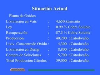 Situación Actual
Planta de Oxidos
Lixiviación en Vats : 4,650 ktms/año
Ley : 0.99 % Cobre Soluble
Recuperación : 87.3 % Cobre Soluble
Producción : 40,200 t Cátodo/año
Lixiv. Concentrado Oxido : 4,300 t Cátodo/año
Lixiviación en Dump : 8,800 t Cátodo/año
Compra de Soluciones : 5,700 t Cátodo/año
Total Producción Cátodos : 59,000 t Cátodo/año
 