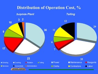 Distribution of Operation Cost, %
36
23
17
9
10
3 2
Grinding Crushing Flotation Tailing
Services Concentrate Administration
29
35
7
6
11
12
Power Maintenance Reagents
Cloths Contractors Labor
Sulphide Plant Tailing
 