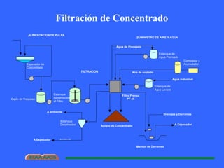 Filtración de Concentrado
gravitacional
SUMINISTRO DE AIRE Y AGUA
ALIMENTACION DE PULPA
FILTRACION Aire de soplado
Agua industrial
Filtro Prensa
PF-48
A Espesador
Acopio de Concentrado
Manejo de Derrames
Agua de Prensado
Cajón de Traspaso
Espesador de
Concentrado
Estanque
Alimentación
al Filtro
Estanque de
Agua Lavado
Compresor y
Acumulador
Estanque de
Agua Prensado
A Espesador
Drenajes y Derrames
A ambiente
Estanque
Desaireador
 