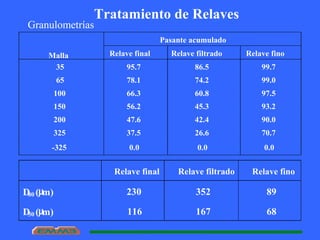 Tratamiento de Relaves
Granulometrías
Pasante acumulado
Malla Relave final Relave filtrado Relave fino
35 95.7 86.5 99.7
65 78.1 74.2 99.0
100 66.3 60.8 97.5
150 56.2 45.3 93.2
200 47.6 42.4 90.0
325 37.5 26.6 70.7
-325 0.0 0.0 0.0
Relave final Relave filtrado Relave fino
D80 (µm) 230 352 89
D50 (µm) 116 167 68
 