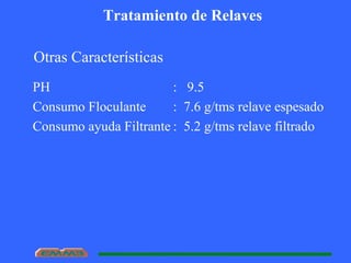 Tratamiento de Relaves
Otras Características
PH : 9.5
Consumo Floculante : 7.6 g/tms relave espesado
Consumo ayuda Filtrante : 5.2 g/tms relave filtrado
 