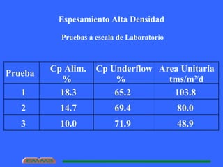 Espesamiento Alta Densidad
Pruebas a escala de Laboratorio
Prueba Cp Alim.
%
Cp Underflow
%
Area Unitaria
tms/m2/
d
1 18.3 65.2 103.8
2 14.7 69.4 80.0
3 10.0 71.9 48.9
 