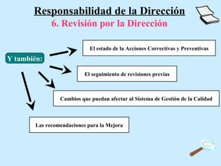 Responsabilidad de la Dirección
             6. Revisión por la Dirección

                            El estado de la Acciones Correctivas y Preventivas
Y también:

                          El seguimiento de revisiones previas



                Cambios que puedan afectar al Sistema de Gestión de la Calidad



       Las recomendaciones para la Mejora
 