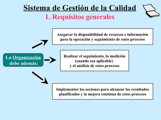 Sistema de Gestión de la Calidad
                  1. Requisitos generales

                     Asegurar la disponibilidad de recursos e información
                      para la operación y seguimiento de estos procesos



La Organización          Realizar el seguimiento, la medición
                               (cuando sea aplicable)
 debe además:               y el análisis de estos procesos




                     Implementar las acciones para alcanzar los resultados
                      planificados y la mejora continua de estos procesos
 