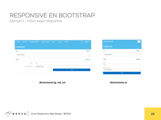  	
  Curso Responsive Web Design | BEEVA! 24!
RESPONSIVE EN BOOTSTRAP
Ejemplo 1 – vistas según dispositivo
dimensiones	
  lg,	
  md,	
  sm	
   dimensiones	
  xs	
  
 