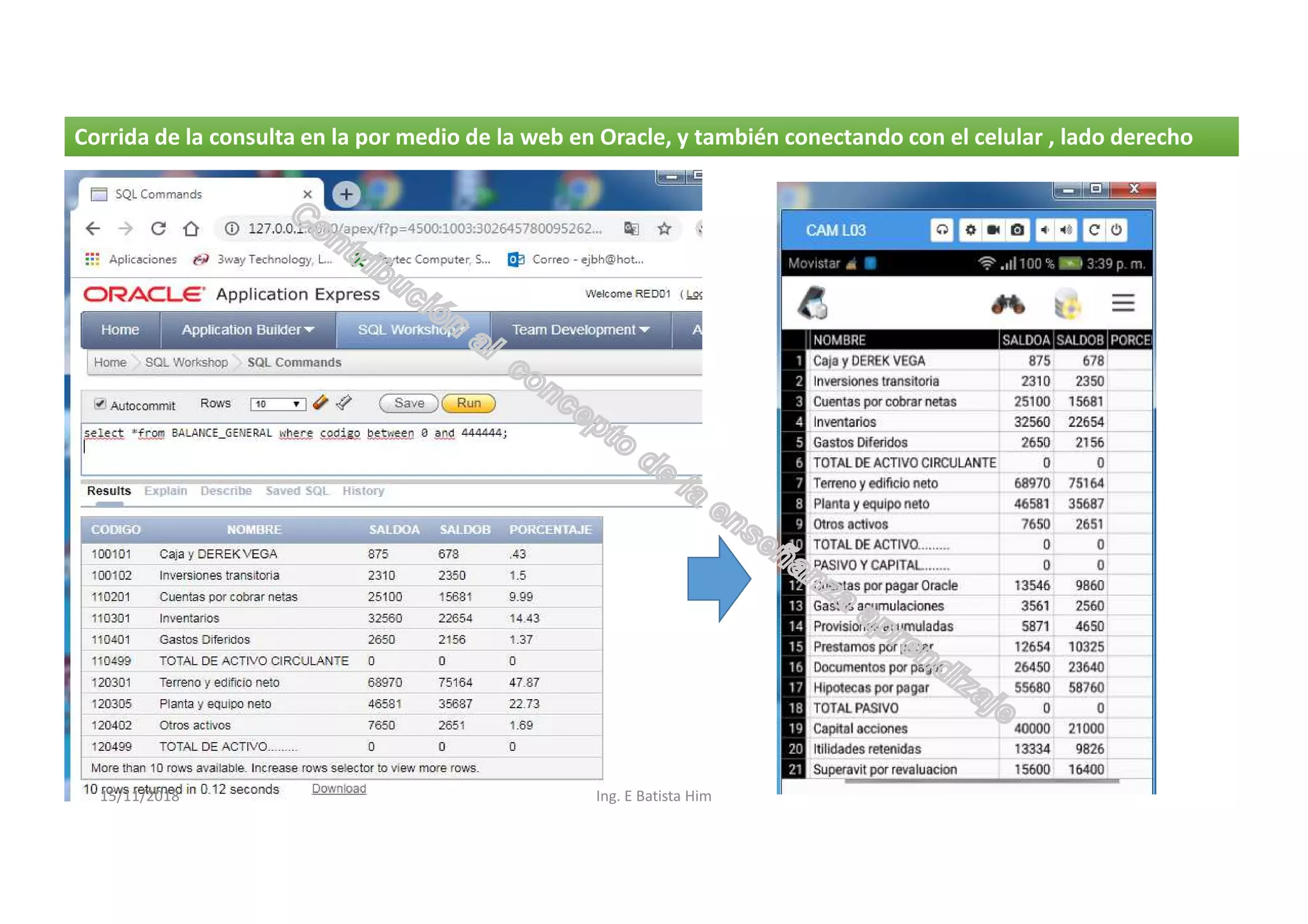 15/11/2018 Ing. E Batista Him
Corrida de la consulta en la por medio de la web en Oracle, y también conectando con el celular , lado derechoCorrida de la consulta en la por medio de la web en Oracle, y también conectando con el celular , lado derecho
 