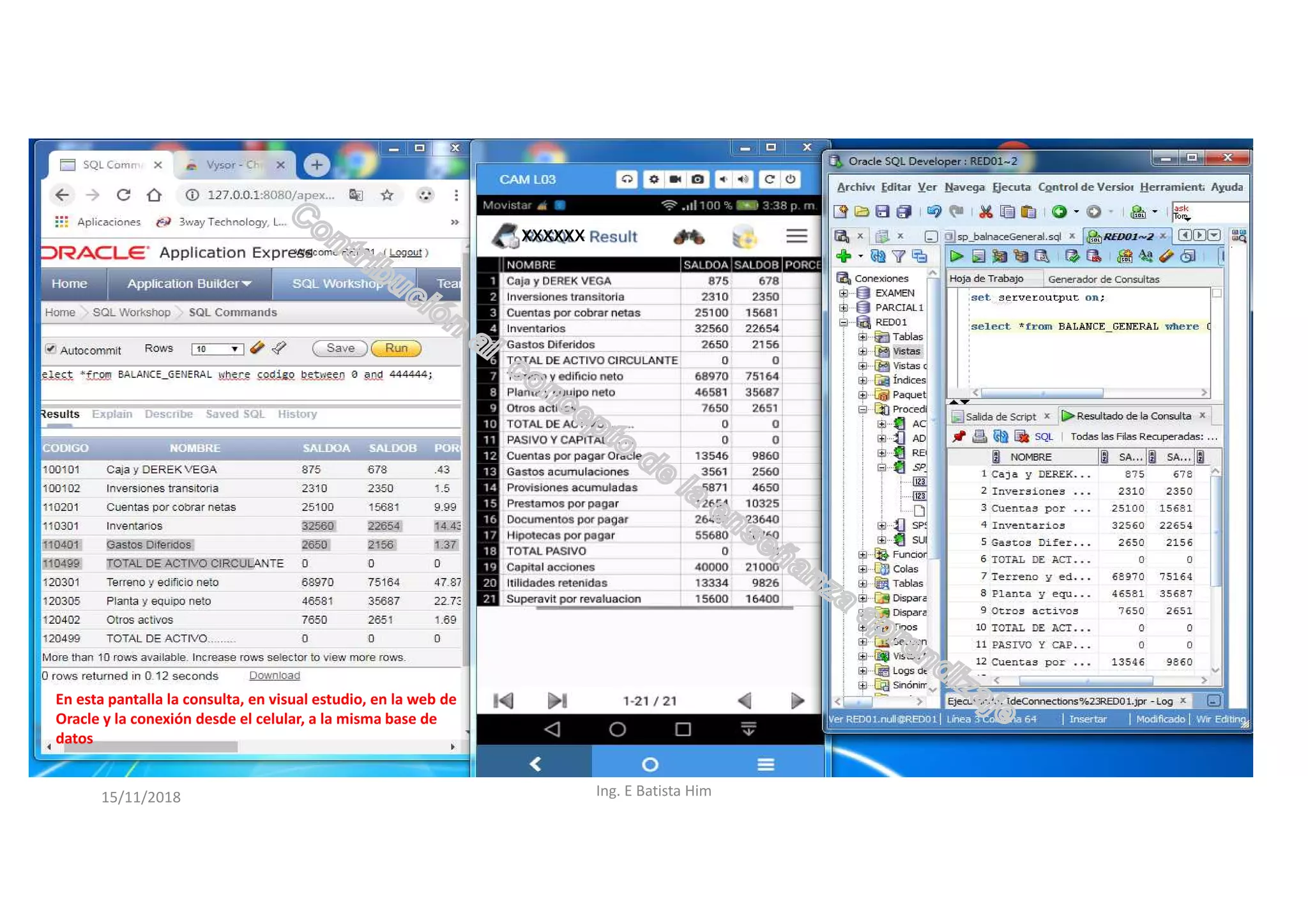 15/11/2018 Ing. E Batista Him
En esta pantalla la consulta, en visual estudio, en la web de
Oracle y la conexión desde el celular, a la misma base de
datos
xxxxxx
 