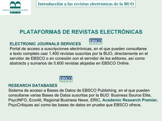 PLATAFORMAS DE REVISTAS ELECTRÓNICAS RESEARCH DATABASES  Sistema de acceso a Bases de Datos de EBSCO Publishing, en el que pueden consultarse varias Bases de Datos suscritas por la BUO :  Business Source Elite, PsycINFO, Econlit, Regional Business News, ERIC,  Academic Research Premier , PsycCritiques así como las bases de datos en prueba que EBSCO ofrece .   ELECTRONIC JOURNALS SERVICES Portal de acceso a suscripciones electrónicas, en el que pueden consultarse a texto completo casi 1.400 revistas suscritas por la BUO, directamente en el servidor de EBSCO o en conexión con el servidor de los editores, así como abstracts y sumarios de 5.600 revistas alojadas en EBSCO Online.  Introducción a las revistas electrónicas de la BUO 