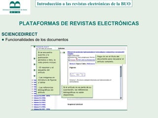 PLATAFORMAS DE REVISTAS ELECTRÓNICAS SCIENCEDIRECT ●  Funcionalidades de los documentos Introducción a las revistas electrónicas de la BUO 