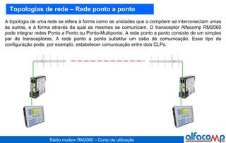 A topologia de uma rede se refere à forma como as unidades que a compõem se interconectam umas às outras, e à forma através da qual as mesmas se comunicam. O transceptor Alfacomp RM2060 pode integrar redes Ponto a Ponto ou Ponto-Multiponto. A rede ponto a ponto consiste de um simples par de transceptores. A rede ponto a ponto substitui um cabo de comunicação. Esse tipo de configuração pode, por exemplo, estabelecer comunicação entre dois CLPs.   Topologias de rede – Rede ponto a ponto 