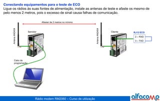 Conectando equipamentos para o teste de ECO Ligue os rádios às suas fontes de alimentação, instale as antenas de teste e afaste os mesmo de pelo menos 2 metros, pois o excesso de sinal causa falhas de comunicação. 2 – RXD 3 – TXD RJ12 ECO Cliente Antena AN2404 Servidor Cabo de  programação Antena AN2404 Afastar de 2 metros no mínimo 
