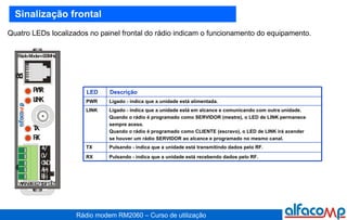 Sinalização frontal Quatro LEDs localizados no painel frontal do rádio indicam o funcionamento do equipamento. Pulsando - indica que a unidade está recebendo dados pelo RF. RX  Descrição LED  Ligado - indica que a unidade está alimentada.  PWR  Ligado - indica que a unidade está em alcance e comunicando com outra unidade.  Quando o rádio é programado como SERVIDOR (mestre), o LED de LINK permanece sempre aceso. Quando o rádio é programado como CLIENTE (escravo), o LED de LINK irá acender  se houver um rádio SERVIDOR ao alcance e programado no mesmo canal.  LINK Pulsando - indica que a unidade está transmitindo dados pelo RF. TX  