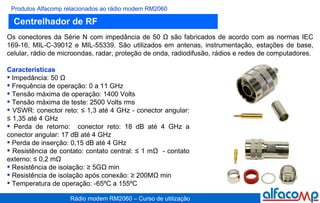 Produtos Alfacomp relacionados ao rádio modem RM2060 Características Impedância: 50 Ω Frequência de operação: 0 a 11 GHz Tensão máxima de operação: 1400 Volts Tensão máxima de teste: 2500 Volts rms VSWR: conector reto: ≤ 1,3 até 4 GHz - conector angular: ≤ 1,35 até 4 GHz Perda de retorno:  conector reto: 18 dB até 4 GHz a conector angular: 17 dB até 4 GHz Perda de inserção: 0,15 dB até 4 GHz Resistência de contato: contato central: ≤ 1 mΩ  - contato externo: ≤ 0,2 mΩ Resistência de isolação: ≥ 5GΩ min Resistência de isolação após conexão: ≥ 200MΩ min Temperatura de operação: -65ºC a 155ºC Centrelhador de RF Os conectores da Série N com impedância de 50 Ω são fabricados de acordo com as normas IEC 169-16, MIL-C-39012 e MIL-55339. São utilizados em antenas, instrumentação, estações de base, celular, rádio de microondas, radar, proteção de onda, radiodifusão, rádios e redes de computadores. 