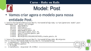 Curso – Ruby on RailsVamos criar agora o modelo para nossa entidade Post.Model: Post