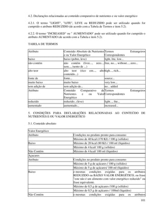 101
4.2. Declarações relacionadas ao conteúdo comparativo de nutrientes e ou valor energético
4.2.1. O termo "LIGHT", "LITE", LEVE ou REDUZIDO pode ser utilizado quando for
cumprido o atributo REDUZIDO (de acordo com a Tabela de Termos e item 5.2).
4.2.2. O termo "INCREASED" ou " AUMENTADO" pode ser utilizado quando for cumprido o
atributo AUMENTADO (de acordo com a Tabela e item 5.2).
TABELA DE TERMOS
Atributo Conteúdo Absoluto de Nutrientes
e ou Valor Energético
Termos Estrangeiros
Correspondentes
baixo baixo (pobre, leve) light, lite, low...
não contém não contém (livre..., zero...,
sem..., isento de ...)
free, no..., without..., zero...
alto teor alto teor (rico em..., alto
conteúdo...)
high..., rich...
fonte de fonte... source...
muito baixo muito baixo very low...
sem adição de sem adição de... no... added
Atributo Conteúdo Comparativo de
Nutrientes e ou Valor
Energético
Termos Estrangeiros
Correspondentes
reduzido reduzido...(leve) light..., lite...
aumentado aumentado... increased...
5. CONDIÇÕES PARA DECLARAÇÕES RELACIONADAS AO CONTEÚDO DE
NUTRIENTES E OU VALOR ENERGÉTICO
5.1. Conteúdo absoluto
Valor Energético
Atributo Condições no produto pronto para consumo
Máximo de 40 kcal (170 KJ) / 100 g (sólidos)
Baixo Máximo de 20 kcal (80 KJ) / 100 ml (líquidos)
Máximo de 4 kcal/ 100 g (sólidos)
Não Contém Máximo de 4 kcal/ 100 ml (líquidos)
Açucares
Atributo Condições no produto pronto para consumo
Máximo de 5 g de açúcares / 100 g (sólidos)
Máximo de 5 g de açúcares/ 100 ml (líquidos)
Baixo e mesmas condições exigidas para os atributos
REDUZIDO ou BAIXO VALOR ENERGÉTICO, ou frase
"este não é um alimento com valor energético reduzido" ou
frase equivalente.
Máximo de 0,5 g de açúcares /100 g (sólidos)
Máximo de 0,5 g de açúcares / 100ml (líquidos)
Não Contém e mesmas condições exigidas para os atributos
 