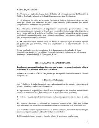 131
6. DISPOSIÇÕES GERAIS
6.1. Compete aos órgãos do Sistema Único de Saúde, sob orientação nacional do Ministério da
Saúde, a divulgação, aplicação e vigilância do cumprimento deste Regulamento.
6.2. O Ministério da Saúde, as Secretarias Estaduais de Saúde e órgãos equivalentes ao nível
municipal, sempre que necessário, acionarão outras entidades governamentais para melhor
cumprimento do disposto neste Regulamento.
6.3. Fabricantes, distribuidores e importadores, organizações governamentais e não-
governamentais e, em particular, as de defesa do consumidor, instituições privadas de prestação
de serviço de saúde ou de assistência social bem como entidades comunitárias que congreguem
profissionais ou pessoal de saúde, serão estimulados a colaborar com o sistema público de saúde
para o cumprimento deste Regulamento.
6.4. Os fabricantes devem informar todo o seu pessoal de comercialização, incluindo as agências
de publicidade que contratam, sobre este Regulamento e as responsabilidades no seu
cumprimento.
6.5. As penalidades pelo não cumprimento deste Regulamento serão aplicadas de forma
progressiva, de acordo com a gravidade e freqüência da infração. Aplicam-se aos infratores as
sanções previstas na Lei 6437, de 20 de agosto de 1977.
LEI Nº. 11.265, DE 3 DE JANEIRO DE 2006.
Regulamenta a comercialização de alimentos para lactentes e crianças de primeira infância
e também a de produtos de puericultura correlatos.
O PRESIDENTE DA REPÚBLICA Faço saber que o Congresso Nacional decreta e eu sanciono
a seguinte Lei:
I - Disposições Preliminares
Art. 1º O objetivo desta Lei é contribuir para a adequada nutrição dos lactentes e das crianças de
primeira infância por meio dos seguintes meios:
I - regulamentação da promoção comercial e do uso apropriado dos alimentos para lactentes e
crianças de primeira infância, bem como do uso de mamadeiras, bicos e chupetas;
II - proteção e incentivo ao aleitamento materno exclusivo nos primeiros 6 (seis) meses de idade;
e
III - proteção e incentivo à continuidade do aleitamento materno até os 2 (dois) anos de idade
após a introdução de novos alimentos na dieta dos lactentes e das crianças de primeira infância.
Art. 2º Esta Lei se aplica à comercialização e às práticas correlatas, à qualidade e às informações
de uso dos seguintes produtos, fabricados no País ou importados:
I - fórmulas infantis para lactentes e fórmulas infantis de seguimento para lactentes;
 