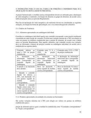 30
5) INSTRUÇÕES PARA O USO DA TABELA DE PORÇÕES E CRITÉRIOS PARA SUA
APLICAÇÃO NA ROTULAGEM NUTRICIONAL
A porção harmonizada e a medida caseira correspondente devem ser utilizadas para a declaração
de valor energético e nutrientes, em função do alimento ou grupo de alimentos, de acordo com a
tabela de porções anexa ao presente Regulamento.
Para fins da declaração do valor energético e de nutrientes devem ser consideradas as seguintes
situações, em função da forma de apresentação, uso e ou comercialização dos alimentos.
5.1. Critérios de Tolerância
5.1.1. Alimentos apresentados em embalagem individual
Considera-se embalagem individual aquela cujo conteúdo corresponde a uma porção usualmente
consumida em cada ocasião de consumo. É aceita uma variação máxima de ± 30% em relação ao
valor em gramas ou mililitros estabelecido para a porção do alimento, de acordo com a tabela
anexa ao presente Regulamento. Para aqueles alimentos cujo conteúdo exceda essa variação,
deve ser informado o número de porções contidas na embalagem individual, de acordo com o
estabelecido na seguinte tabela:
Conteúdo inferior ou
igual a 70% da porção
estabelecida
Conteúdo entre 71 % e
130% da porção
estabelecida
Conteúdo entre 131% e 170%
da porção estabelecida
A declaração da
informação nutricional
deve corresponder ao
conteúdo líquido da
embalagem.
A declaração da
informação nutricional
deve corresponder ao
conteúdo líquido da
embalagem.
A declaração da informação
nutricional deve corresponder
ao conteúdo líquido da
embalagem.
A porção a ser declarada
deve atender:
Deve ser declarada 1
(uma) seguido da medida
caseira correspondente.
Deve ser declarada 1½ (uma e
meia) seguido da medida
caseira correspondente.
- Quando o conteúdo
líquido for inferior a
30%, será declarado 1/4
(um quarto) seguido da
medida caseira
correspondente;
- Quando o conteúdo
líquido estiver entre 31%
e 70% será declarado 1/2
(meia) seguido da medida
caseira correspondente
5.1.2. Produtos apresentados em unidades de consumo ou fracionados
São aceitas variações máximas de ± 30% com relação aos valores em gramas ou mililitros
estabelecidos para a
porção de alimentos para os quais a medida foi estabelecida como “X unidades correspondentes”
ou “fração correspondente”.
 