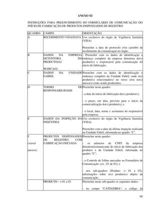 90
ANEXO XI
INSTRUÇÕES PARA PREENCHIMENTO DO FORMULÁRIO DE COMUNICAÇÃO DO
INÍCIO DE FABRICAÇÃO DE PRODUTOS DISPENSADOS DE REGISTRO
QUADRO CAMPO ORIENTAÇÃO
A RECEBIMENTO VISA/DATA Uso exclusivo do órgão de Vigilância Sanitária
(VISA).
Preencher a data de protocolo e/ou carimbo de
recebimento da comunicação no órgão.
B DADOS DA EMPRESA
DETENTORA DO
PRODUTO(S)/
MARCA(S)
- Preencher com os dados de identificação e
endereço completo da empresa detentora do(s)
produto(s) e responsável pela comunicação do
início de fabricação.
C DADOS DA UNIDADE
FABRIL
Preencher com os dados de identificação e
endereço completo da Unidade Fabril, onde o(s)
produto(s) relacionado(s) no verso e/ou no(s)
anexo(s) estão sendo produzidos.
D TERMO DE
RESPONSABILIDADE
Preencher neste quadro:
- a data do início de fabricação do(s) produto(s);
- o prazo, em dias, previsto para o início da
comercialização do(s) produto(s); e
- o local, data, nome e assinatura do responsável
pela empresa.
E DADOS DA INSPEÇÃO DA
INDÚSTRIA
Uso exclusivo do órgão de Vigilância Sanitária
(VISA).
Preencher com a data da última inspeção realizada
na Unidade Fabril, informada no quadro "C".
F
(verso/
anexos)
PRODUTOS DISPENSADOS
DE REGISTRO COM
FABRICAÇÃO INICIADA
Preencher neste quadro:
- os números de CNPJ da empresa
detentora/comunicante do início de fabricação dos
produtos e da Unidade Fabril, informada no
quadro "C";
- o Controle de folhas anexadas ao Formulário de
Comunicação. (ex.: 01 de 03); e
- nos sub-quadros (Produto -> 01 a 03),
informações sobre o(s) produto(s) objeto da
comunicação.
PRODUTO - > 01 a 03 Preencher neste sub-quadro os seguintes dados :
- no campo "CATEGORIA": o código da
 