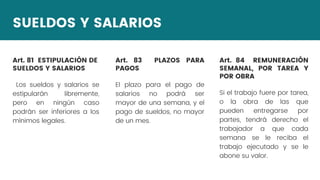 SUELDOS Y SALARIOS
Art. 81 ESTIPULACIÓN DE
SUELDOS Y SALARIOS
Los sueldos y salarios se
estipularán libremente,
pero en ningún caso
podrán ser inferiores a los
mínimos legales.
CÁLCULO:
Art. 83 PLAZOS PARA
PAGOS
El plazo para el pago de
salarios no podrá ser
mayor de una semana, y el
pago de sueldos, no mayor
de un mes.
Art. 84 REMUNERACIÓN
SEMANAL, POR TAREA Y
POR OBRA
Si el trabajo fuere por tarea,
o la obra de las que
pueden entregarse por
partes, tendrá derecho el
trabajador a que cada
semana se le reciba el
trabajo ejecutado y se le
abone su valor.
 