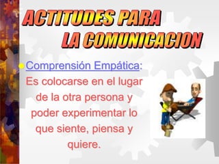 Comprensión Empática:
Es colocarse en el lugar
de la otra persona y
poder experimentar lo
que siente, piensa y
quiere.
 