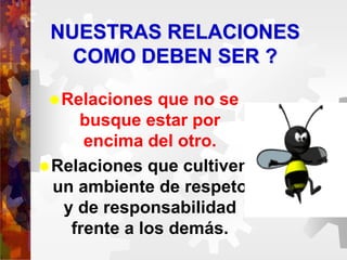 NUESTRAS RELACIONES
COMO DEBEN SER ?
Relaciones que no se
busque estar por
encima del otro.
Relaciones que cultiven
un ambiente de respeto
y de responsabilidad
frente a los demás.
 