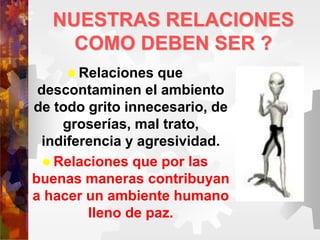  Relaciones que
descontaminen el ambiento
de todo grito innecesario, de
groserías, mal trato,
indiferencia y agresividad.
 Relaciones que por las
buenas maneras contribuyan
a hacer un ambiente humano
lleno de paz.
NUESTRAS RELACIONES
COMO DEBEN SER ?
 