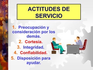 ACTITUDES DE
SERVICIO
1. Preocupación y
consideración por los
demás.
2. Cortesía.
3. Integridad.
4. Confiabilidad.
5. Disposición para
ayudar.
 