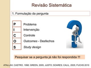 1. Formulação da pergunta
Outcomes - Desfechos
Pesquisar se a pergunta já não foi respondida !!!
ATALLAH; CASTRO, 1998; GREEN, 2005; JUSTO; SOARES; CALIL, 2005; FUCHS 2010
P
I
C
O
Controle
Intervenção
Problema
Revisão Sistemática
S Study design
 