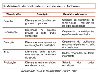 4. Avaliação da qualidade e risco de viés - Cochrane
Avaliação de Risco de Viés (HIGGINS, GREEN, 2011)
Tipo de viés Descrição Domínios relevantes
Seleção
Performance
Detecção
Atrito
Publicação
Diferenças no baseline dos
grupos comparados
Geração da sequência de
randomização; manutenção
do sigilo da alocação
Diferenças no cuidado
provido a cada grupo
comparado
Diferenças entre grupos na
mensuração dos desfechos
Diferenças entre grupos
com relação ao abandono
do estudo
Diferenças entre os dados
reportados ou não
Cegamento dos participantes
e profissionais envolvidos
Cegamento do profissional
responsável pela mensuração
dos desfechos
Dados reportados de forma
incompleta
Seleção dos dados
reportados
 