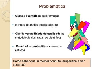 Problemática
 Grande quantidade de informação
 Milhões de artigos publicados/ano
 Grande variabilidade de qualidade na
metodologia dos trabalhos científicos
 Resultados contraditórios entre os
estudos
Como saber qual a melhor conduta terapêutica a ser
adotada?
 