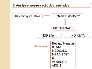6. Análise e apresentação dos resultados
Síntese qualitativa Síntese quantitativa
META-ANÁLISE
Softwares:
Review Manager
STATA
MEDCALC
META-STET
R
WINBUGS
ADDIS
DIRETA INDIRETA
 
