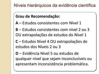 NÍVEL 2
Grau de Recomendação:
A – Estudos consistentes com Nível 1
B – Estudos consistentes com nível 2 ou 3
OU extrapolações de estudos do Nível 1
C – Estudos Nível 4 OU extrapolações de
estudos dos Níveis 2 ou 3
D – Evidência Nível 5 ou estudos de
qualquer nível que sejam inconclusíveis ou
apresentam inconsistência problemática.
Níveis hierárquicos da evidência científica
 