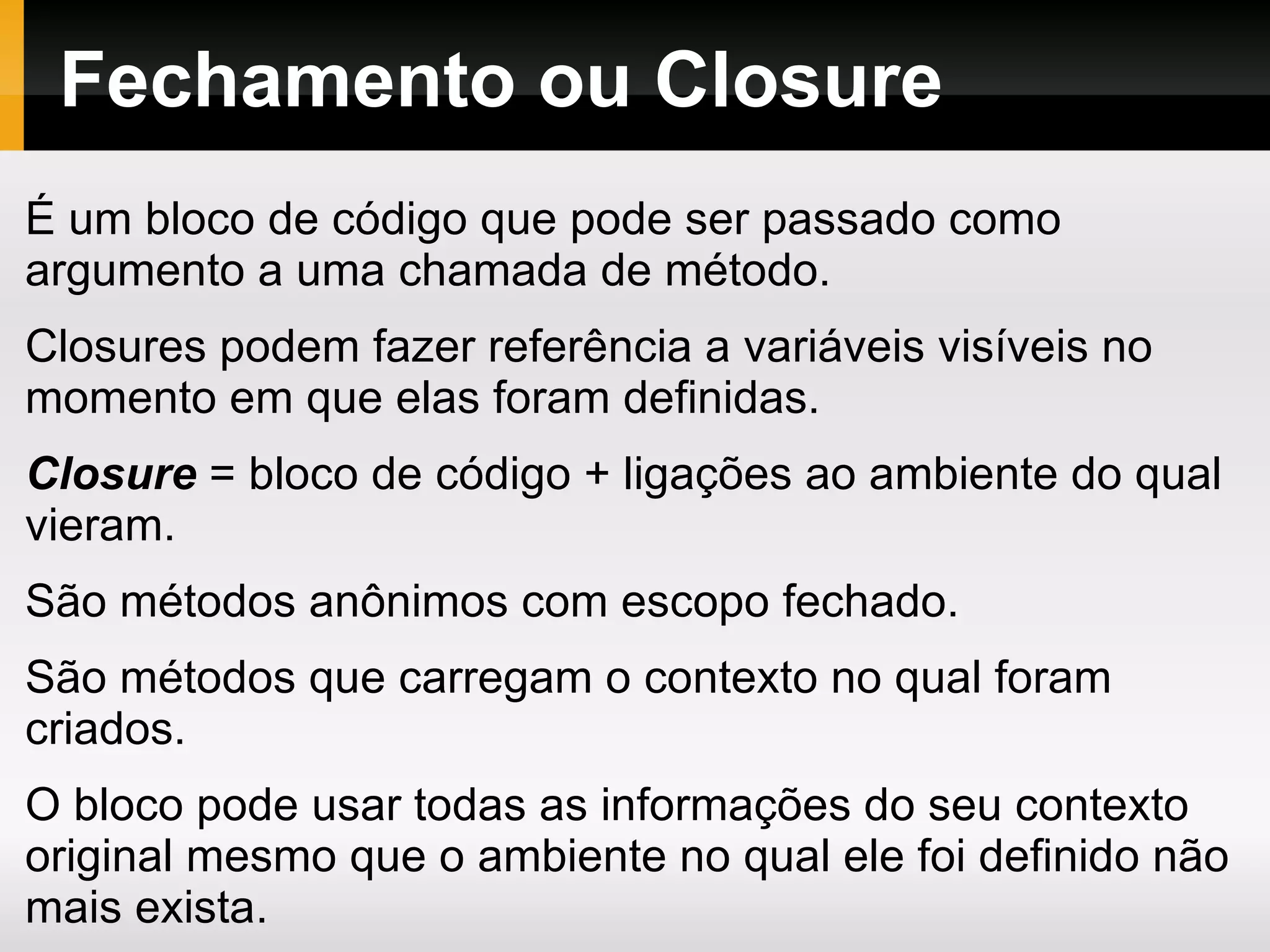 Strings – interpolação de valores Com aspas duplas podemos usar escapes especiais e interpolar códigos. nome   =   &quot;Pacheco&quot;   # => &quot;Pacheco&quot; puts   &quot;Oi,  #{ nome } ,\nAdorei a Escola da Ponte!&quot; # Oi, Pacheco,  # Adorei a Escola da Ponte! 