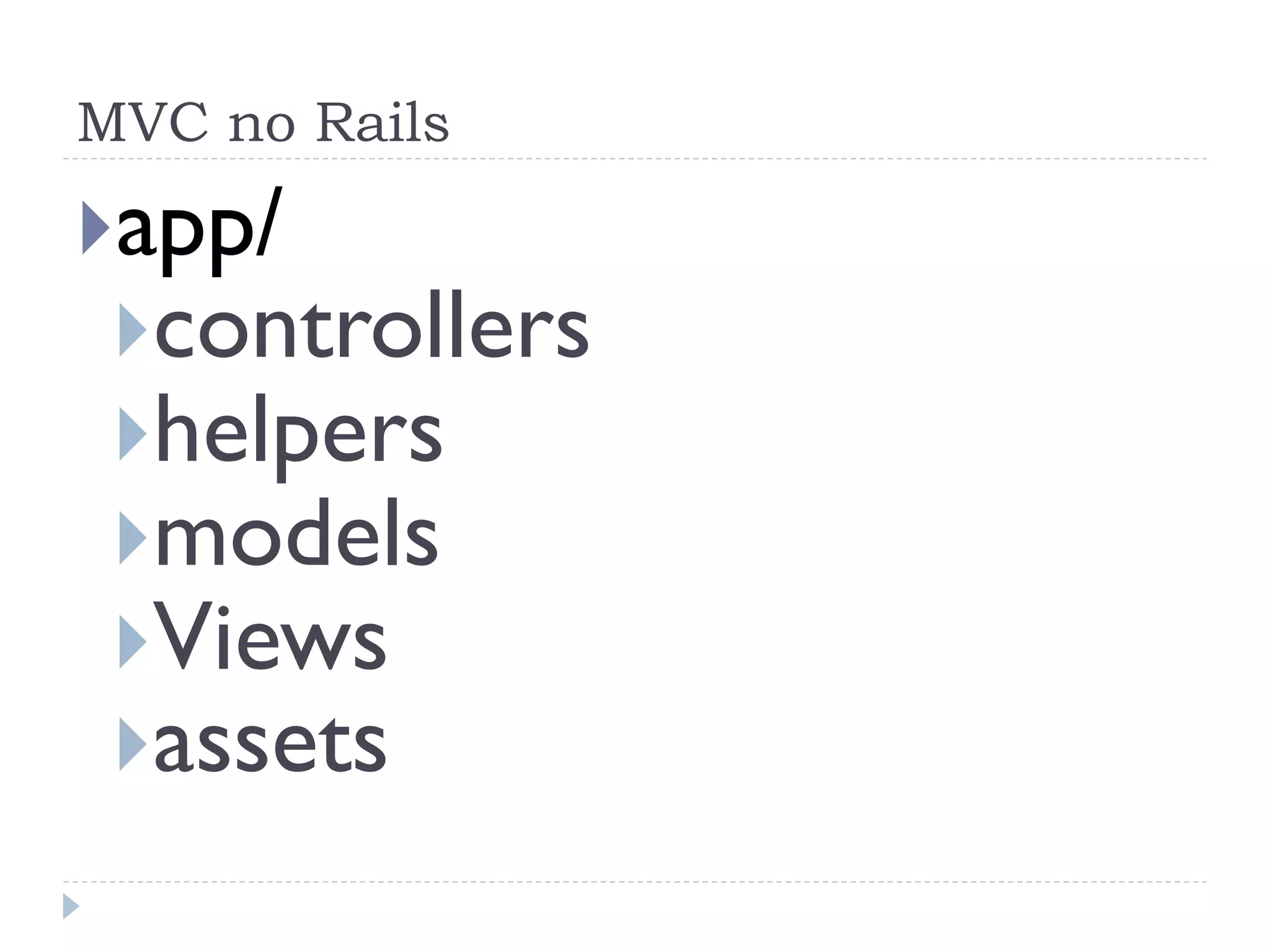 MVC no Rails

} app/
  } controllers
  } helpers
  } models
  } Views
  } assets
 