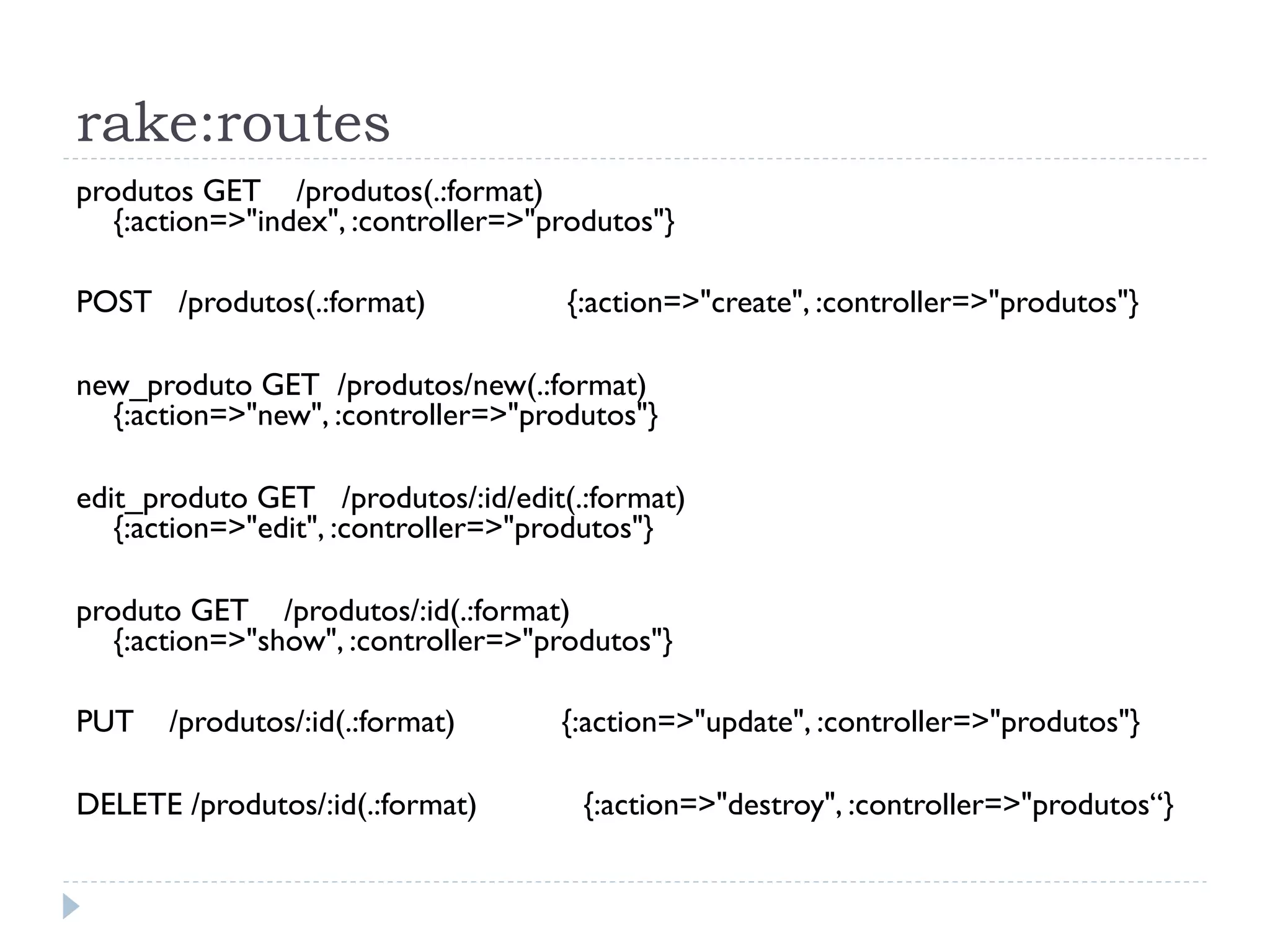 rake:routes
produtos GET /produtos(.:format)
   {:action=>"index", :controller=>"produtos"}

POST /produtos(.:format)             {:action=>"create", :controller=>"produtos"}

new_produto GET /produtos/new(.:format)
  {:action=>"new", :controller=>"produtos"}

edit_produto GET /produtos/:id/edit(.:format)
   {:action=>"edit", :controller=>"produtos"}

produto GET /produtos/:id(.:format)
   {:action=>"show", :controller=>"produtos"}

PUT    /produtos/:id(.:format)       {:action=>"update", :controller=>"produtos"}

DELETE /produtos/:id(.:format)        {:action=>"destroy", :controller=>"produtos“}
 