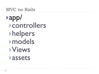 MVC no Rails

} app/
  } controllers
  } helpers
  } models
  } Views
  } assets
 