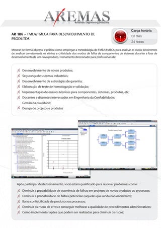 Carga horária
AR 106 – FMEA/FMECA PARA DESENVOLVIMENTO DE                                                  03 dias
PRODUTOS
                                                                                             24 horas

Mostrar de forma objetiva e prática como empregar a metodologia de FMEA/FMECA para analisar os riscos decorrentes
de analisar corretamente os efeitos e criticidade dos modos de falha de componentes de sistemas durante a fase de
desenvolvimento de um novo produto. Treinamento direcionado para profissionais de:



        Desenvolvimento de novos produtos;
        Segurança de sistemas industriais;
        Desenvolvimento de estratégias de garantia;
        Elaboração de teste de homologação e validação;
        Implementação de ensaios técnicos para componentes, sistemas, produtos, etc;
        Docentes e discentes interessados em Engenharia da Confiabilidade;
        Gestão da qualidade;
        Design de projetos e produtos




    Após participar deste treinamento, você estará qualificado para resolver problemas como:
        Diminuir a probabilidade de ocorrência de falhas em projetos de novos produtos ou processos;
        Diminuir a probabilidade de falhas potenciais (aquelas que ainda não ocorreram);
        Baixa confiabilidade de produtos ou processos;
        Diminuir os riscos de erros e conseguir melhorar a qualidade de procedimentos administrativos;
        Como implementar ações que podem ser realizadas para diminuir os riscos;
 