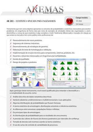 Carga horária
AR 203 – ESTATÍSTICA APLICADA PARA ENGENHEIROS                                                 03 dias
                                                                                               24 horas

Treinamento que tem como objetivo apresentar os conceitos de probabilidade e estatísticos necessários para resolver
problemas em engenharia de forma clara por meio de exemplos de atividades diárias das organizações e, assim,
desmistificar a crença de que estatística é algo complexo e inútil. Totalmente diferenciado e inovador em relação ao
que existe no mercado e tem como público-alvo, profissionais de:


        Desenvolvimento de novos produtos;
        Segurança de sistemas industriais;
        Desenvolvimento; de estratégias de garantia;
        Elaboração de teste de homologação e validação;
        Implementação de ensaios técnicos para componentes, sistemas, produtos, etc;
        Docentes e discentes interessados em Engenharia da Confiabilidade;
        Gestão da qualidade;
        Design de projetos e produtos.




    Após participar deste treinamento, você estará qualificado para entender e desmistificar a
    a complexidade do assunto, como:
        Análise descritiva de dados (estatística descritiva);
        Variáveis aleatórias unidimensionais e multidimensionais e suas aplicações;
        Algumas distribuições de probabilidade que ficaram famosas;
        A teoria estatística da amostragem, distribuições amostrais e inferência estatística;
        As diferenças entre amostras e populações finitas e infinitas;
        Os principais tipos de amostragem;
        As distribuições de probabilidade para os resultados de uma amostra;
        A previsão dos valores de futuros de diversos parâmetros por intervalos de confiança;
        Tomada de decisão sob incerteza usando-se teoria estatística;
        O uso de cartas de controle de variabilidade de processos.
 