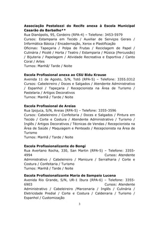 Associação Pestalozzi do Recife anexa à Escola Municipal
Casarão do Barbalho**
Rua Dianópolis, 95, Cordeiro (RPA-4) – Telefone: 3453-5979
Cursos: Estamparia em Tecido / Auxiliar de Serviços Gerais /
Informática Básica / Encadernação, Xerox e Plastificação
Oficinas: Tapeçaria / Polpa de Frutas / Reciclagem de Papel /
Culinária / Picolé / Horta / Teatro / Estamparia / Música (Percussão)
/ Bijuteria / Papelagem / Atividade Recreativa e Esportiva / Canto
Coral / Artes
Turnos: Manhã/ Tarde / Noite

Escola Profissional anexa ao CSU Bidu Krause
Avenida 11 de Agosto, S/N, Totó (RPA-5) – Telefone: 3355.0312
Cursos: Cabeleireiro / Doces e Salgados / Atendente Administrativo
/ Espanhol / Tapeçaria / Recepcionista na Área de Turismo /
Pastelaria / Artigos Decorativos
Turnos: Manhã / Tarde / Noite

Escola Profissional de Areias
Rua Ipojuca, S/N, Areias (RPA-5) – Telefone: 3355-3596
Cursos: Cabeleireiro / Confeitaria / Doces e Salgados / Pintura em
Tecido / Corte e Costura / Atendente Administrativo / Turismo /
Inglês / Artigos Decorativos / Técnicas de Vendas / Recepcionista na
Área de Saúde / Maquiagem e Penteado / Recepcionista na Área de
Turismo
Turnos: Manhã / Tarde / Noite

Escola Profissionalizante do Bongi
Rua Avertano Rocha, 330, San Martin (RPA-5) – Telefone: 3355-
4994                                          Cursos: Atendente
Administrativo / Cabeleireiro / Manicure / Serralharia / Corte e
Costura / Confeitaria / Turismo
Turnos: Manhã / Tarde / Noite

Escola Profissionalizante Maria de Sampaio Lucena
Avenida Rio Grande, S/N, UR-1 Ibura (RPA-6) – Telefone: 3355-
6903                                           Cursos: Atendente
Administrativo / Cabeleireiro /Marcenaria / Inglês / Culinária /
Eletricidade Predial / Corte e Costura / Caldeiraria / Turismo /
Espanhol / Customização
                                 3
 