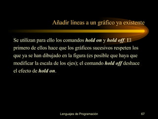 Añadir líneas a un gráfico ya existente Se utilizan para ello los comandos  hold on  y  hold off . El primero de ellos hace que los   gráficos sucesivos respeten los que ya se han dibujado en la figura (es posible que haya que modificar la escala de los ejes); el comando  hold off  deshace el efecto de  hold on . 